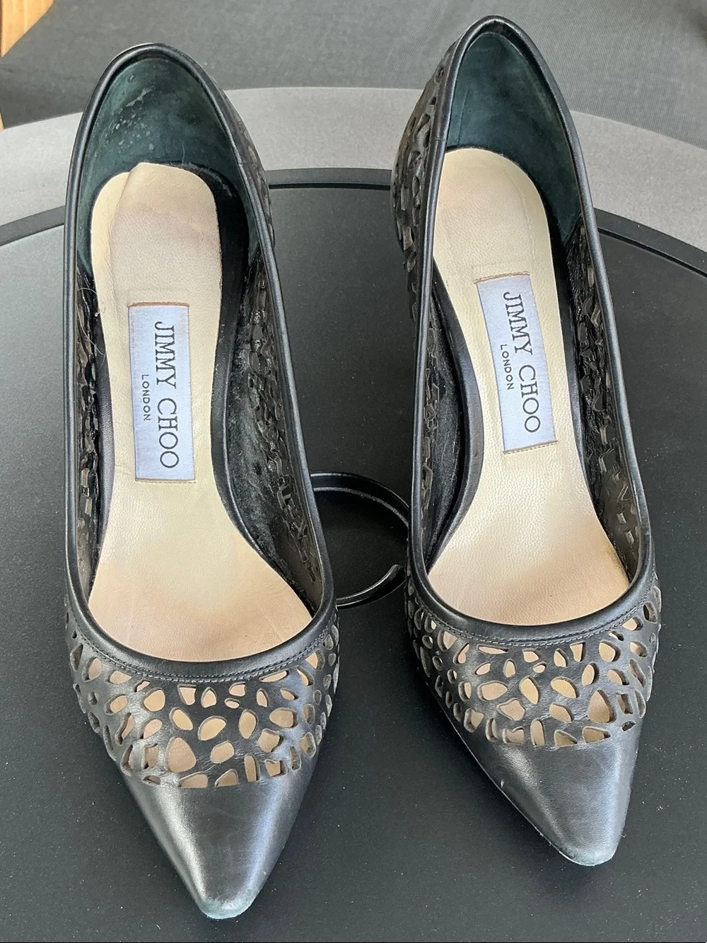 Jimmy Choo Black Laser-cut Kid Leather Romy 85 Pumps
